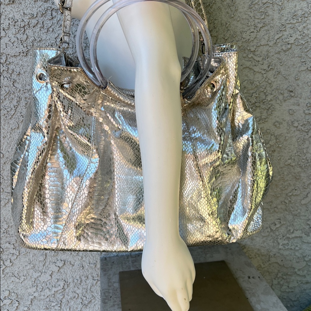 Silver Metallic Shiny Snakeskin Patterned Women's Shoulder Bag Purse Pocketbook - Picture 2 of 10